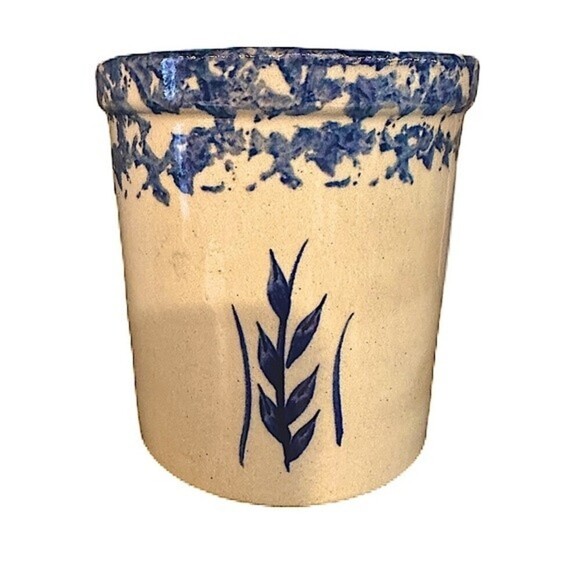 Vintage Robinson Ransbottom Roseville Blue Spongeware Wheat Pattern 2Qt High Jar - Picture 1 of 7